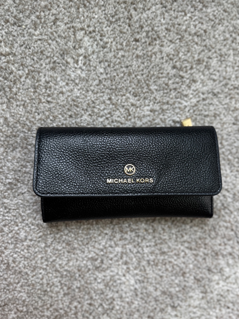Michael Kors Black Pebbled Leather Continental Wallet with Gold Logo